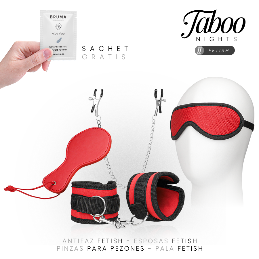 Kit fetiche Taboo Nights II con antifaz rojo y negro, esposas y pinzas para pezones.