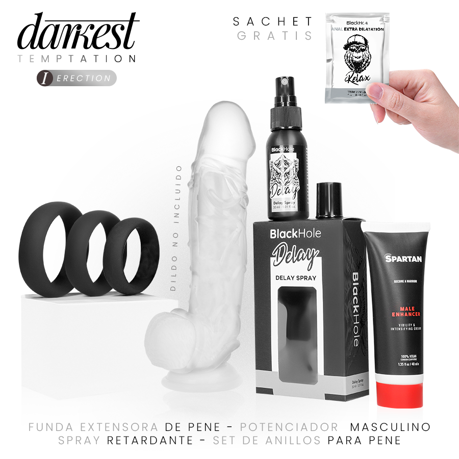 Kit DARKEST TEMPTATION Erection DreamKit con funda transparente, anillos negros, spray y crema.