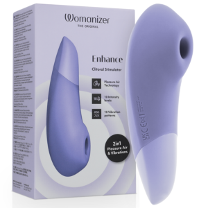 Womanizer Enhance lila junto a su caja del producto, en vista frontal.