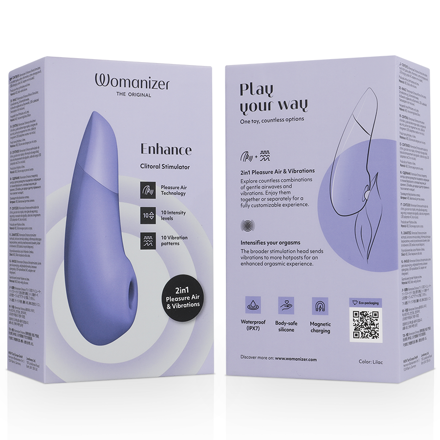 Caja del producto Womanizer Enhance en lila, con vista frontal y trasera.