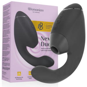Womanizer Duo Next negro con su caja lila visible, vista frontal
