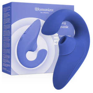 Womanizer Blend azul vibrante, vibrador rabbit de doble estimulación junto a su caja.