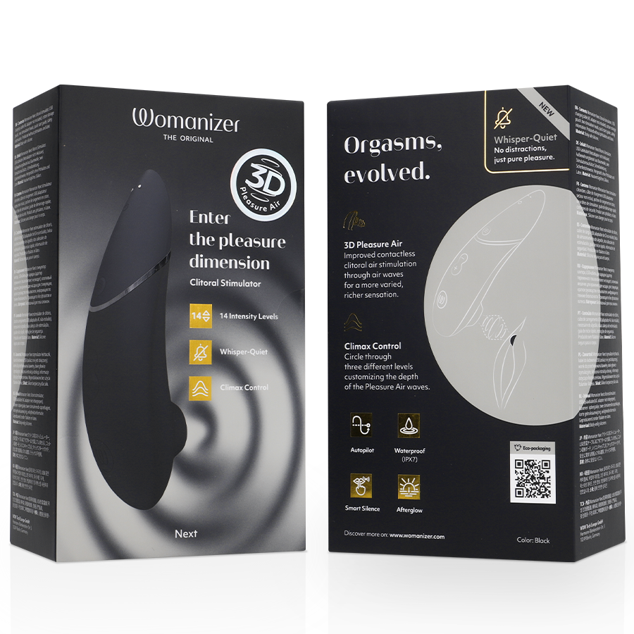 Caja del producto Womanizer NEXT negra, con el frontal y la trasera visibles.