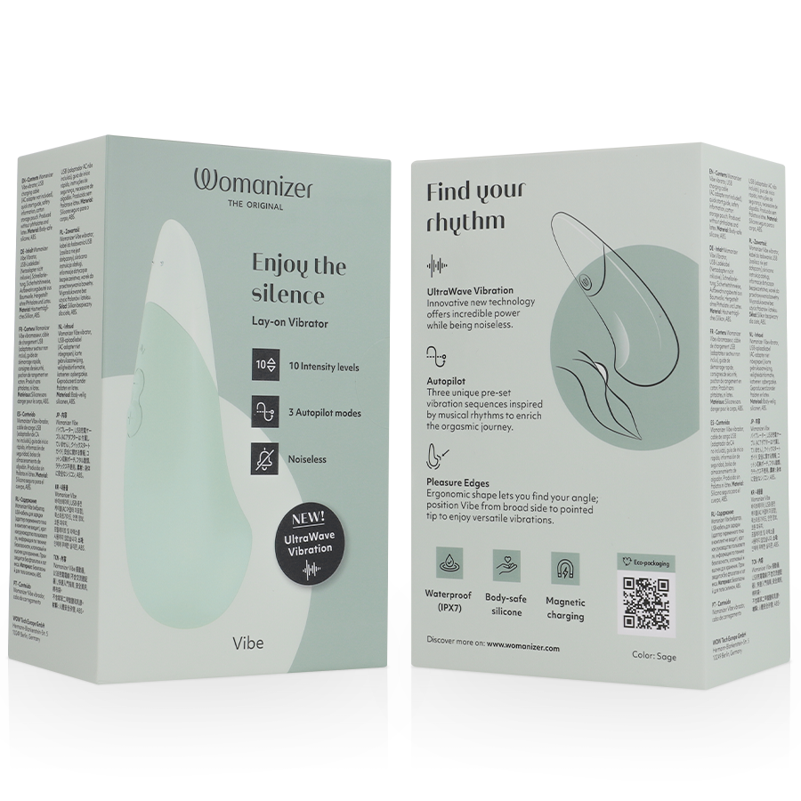 Caja del producto Womanizer Vibe en color sage, con vista frontal y trasera.