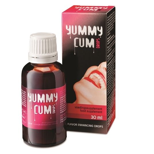 Cobeco Pharma Yummy Cum Drops en botella con caja rosa y negra.