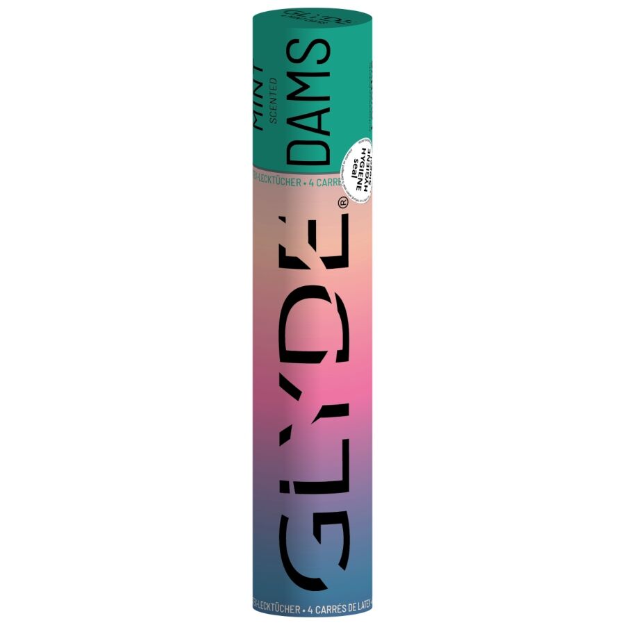 Envase cilíndrico de SHEER GLYDE Dams en tonos verde y rosa, con menta.