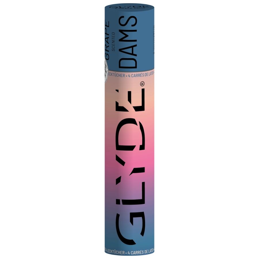 Caja del producto Sheer Glyde Dams, con diseño degradado azul y rosa.