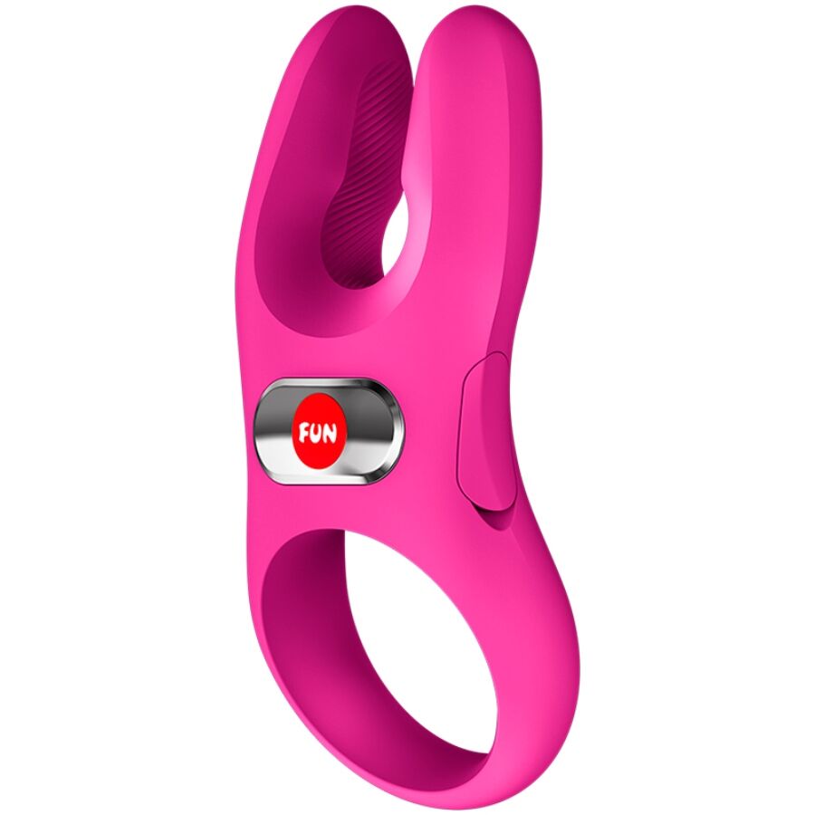 Anillo vibrador FUN FACTORY magenta en vista frontal, con botón visible.