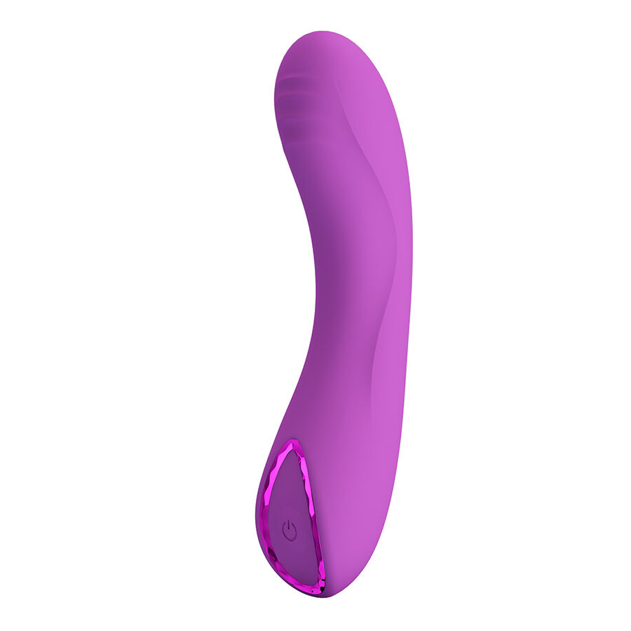 Vibrador curvo morado PRETTY LOVE DJ Dick en vista lateral, con botón de encendido visible.