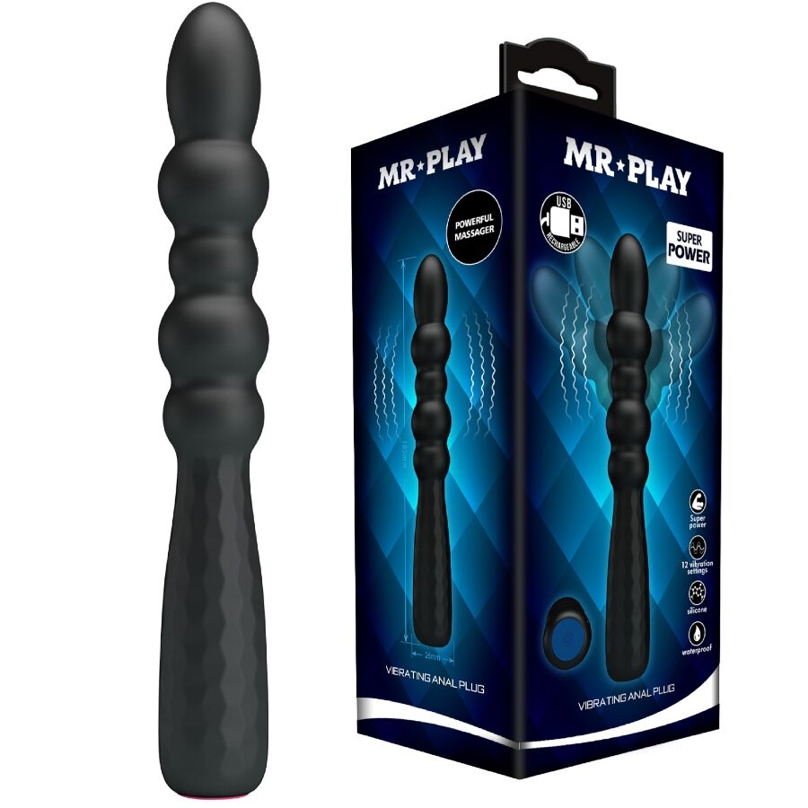 Tapón anal vibrador flexible MR PLAY en negro junto a su caja del producto.