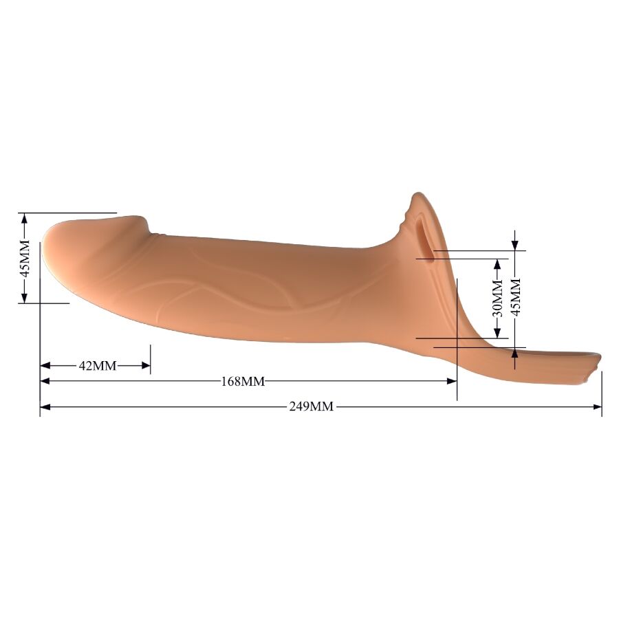 Guía de medidas del arnés vibrador Pretty Love Landon en tono claro, vista lateral con dimensiones en mm.