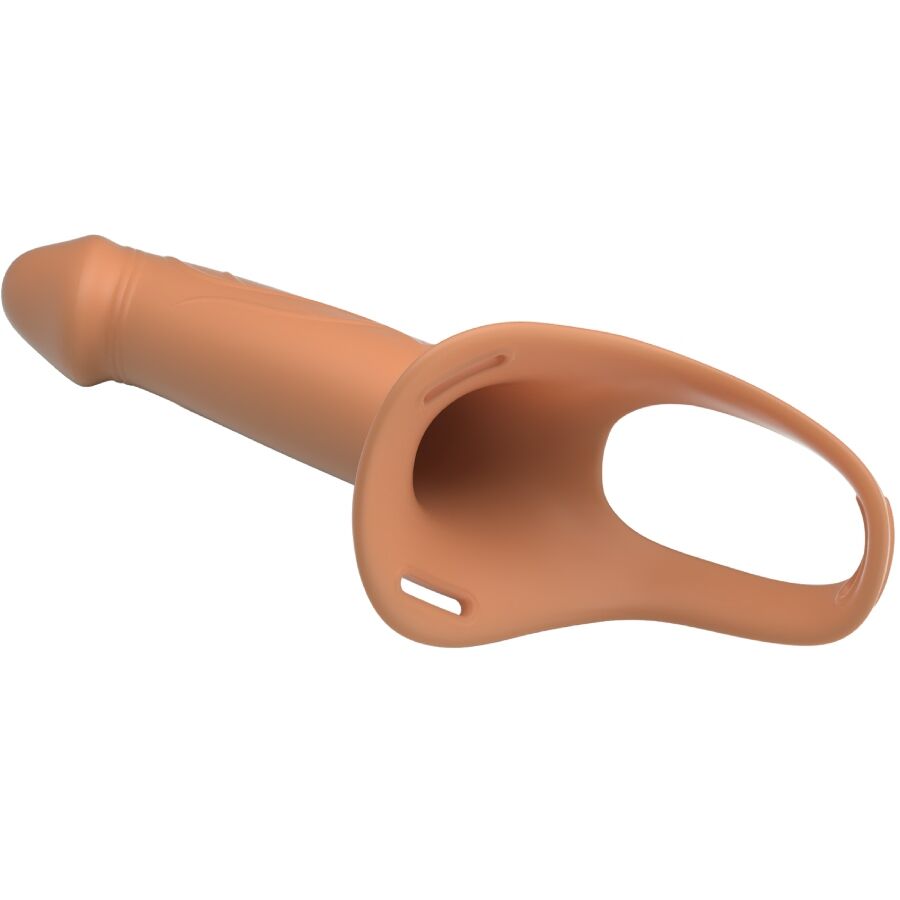 Detalle del Pretty Love Landon: arnés vibrador tono piel claro con abertura hueca visible.