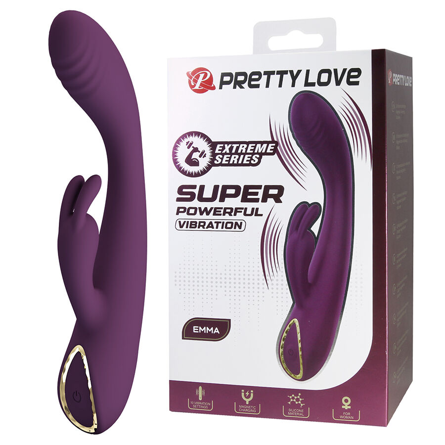 Vibrador rabbit Pretty Love Emma morado junto a su caja del producto.