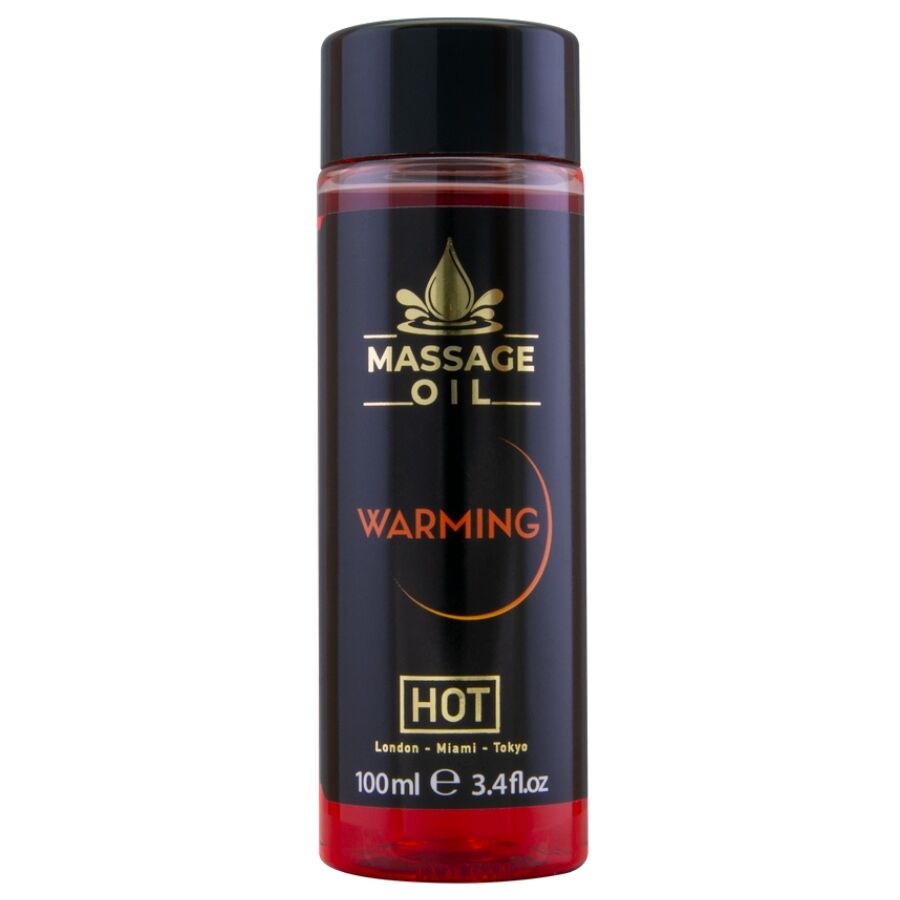 Aceite de masaje HOT Warming en frasco negro y rojo, vista frontal.