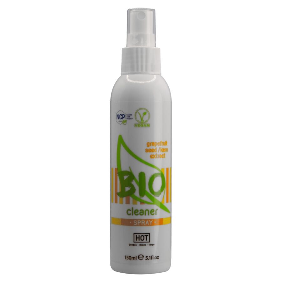 HOT Bio Cleaner Spray en botella blanca con pulverizador, vista frontal.