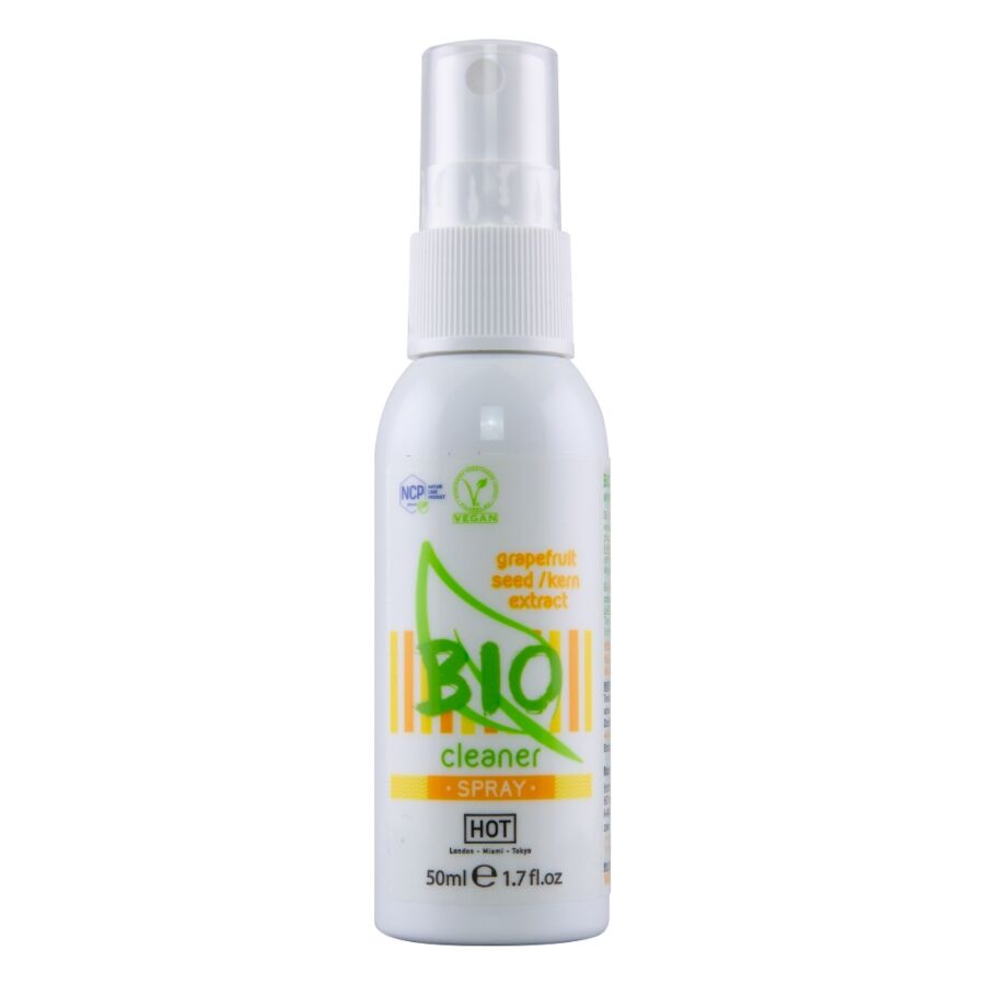 HOT Bio Cleaner Spray en frasco blanco con pulverizador y tapa transparente.