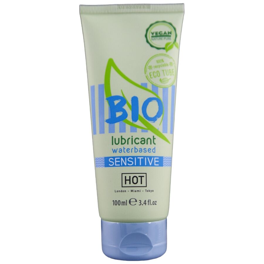 HOT Bio lubricante Sensitive en tubo azul y blanco, vista frontal.