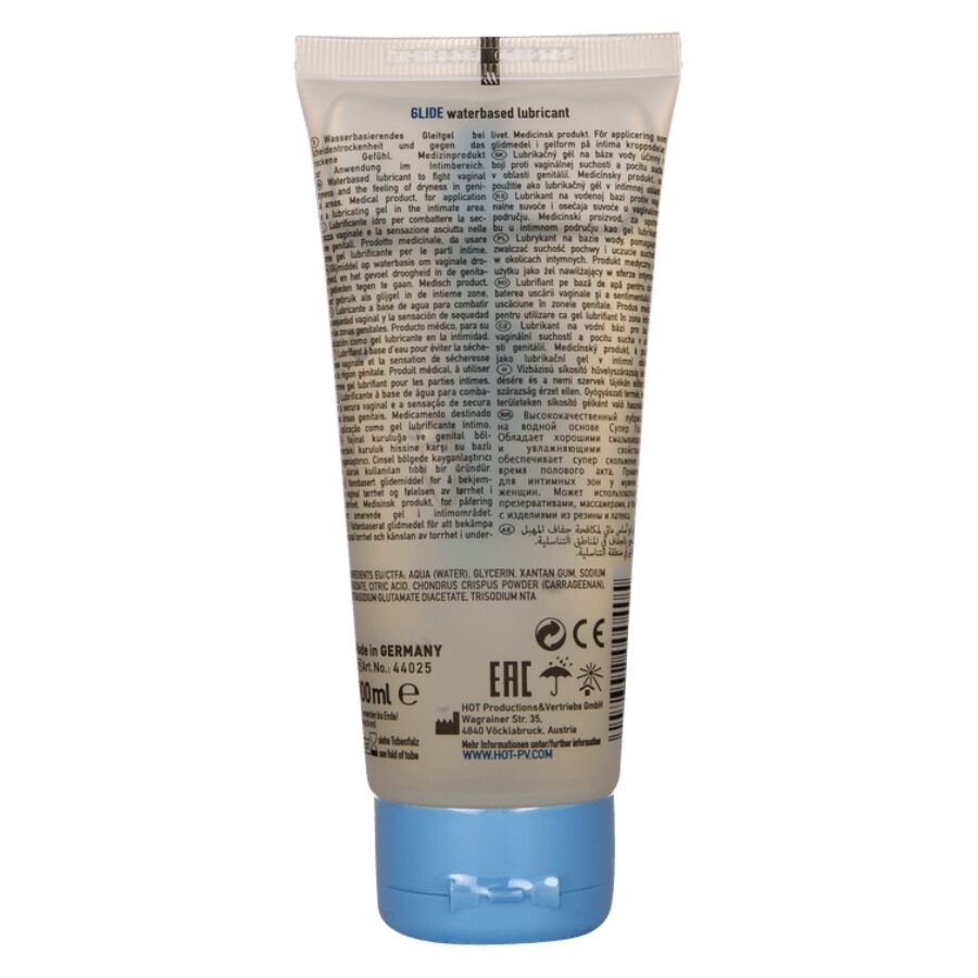 HOT Glide Liquid Pleasure en tubo beige con tapón azul, vista trasera.