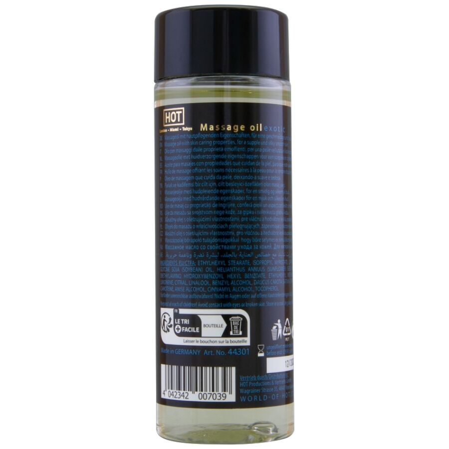 Aceite de masaje HOT Exotic-Special en botella transparente con tapón negro.
