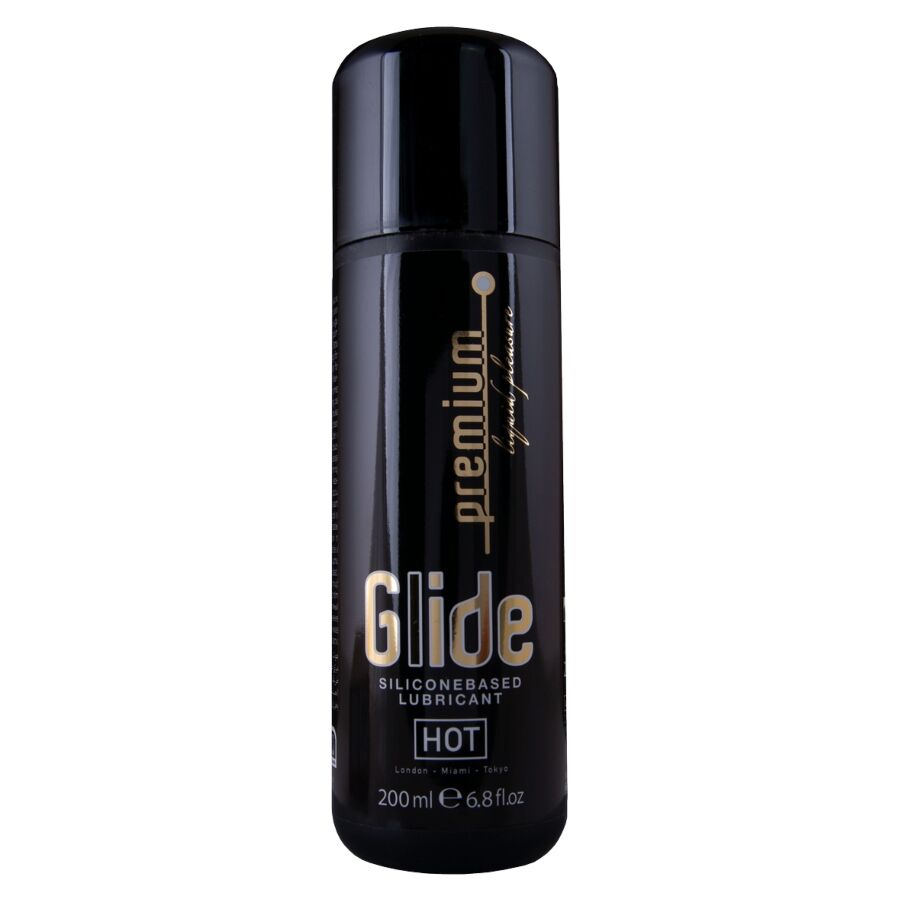 HOT Premium Silicone Glide lubricante de silicona negro, vista frontal del envase de 200 ml.