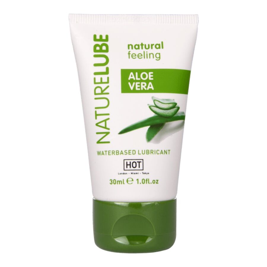 HOT Nature Lube en tubo blanco y verde, con Aloe Vera y tapa verde.