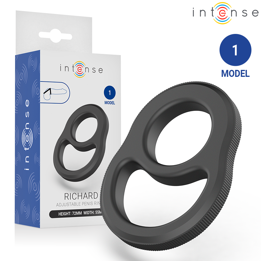 INTENSE FOR HIM Richard, anilla doble ajustable negra con caja del producto visible.