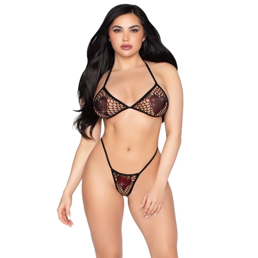 Leg Avenue 86147 conjunto de red negro con top y tanga, vista frontal.