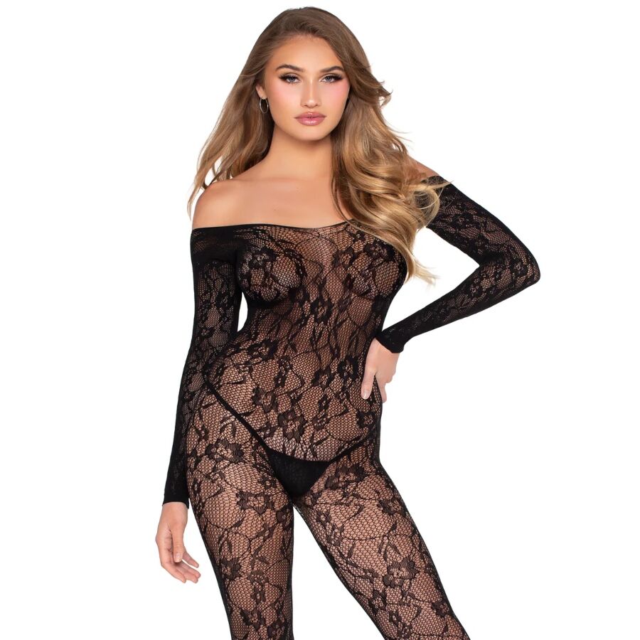 Leg Avenue 89366 bodystocking de encaje negro, vista frontal sobre modelo.