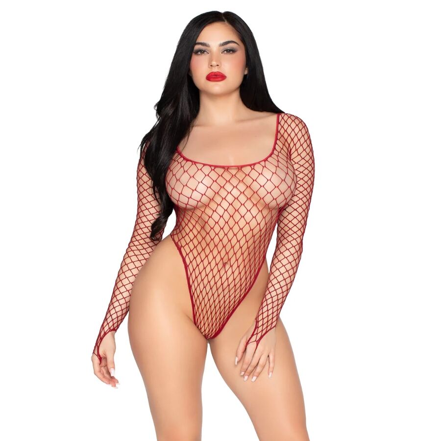 Body de red rojo Leg Avenue 89377, vista frontal, con mangas largas y corte alto.