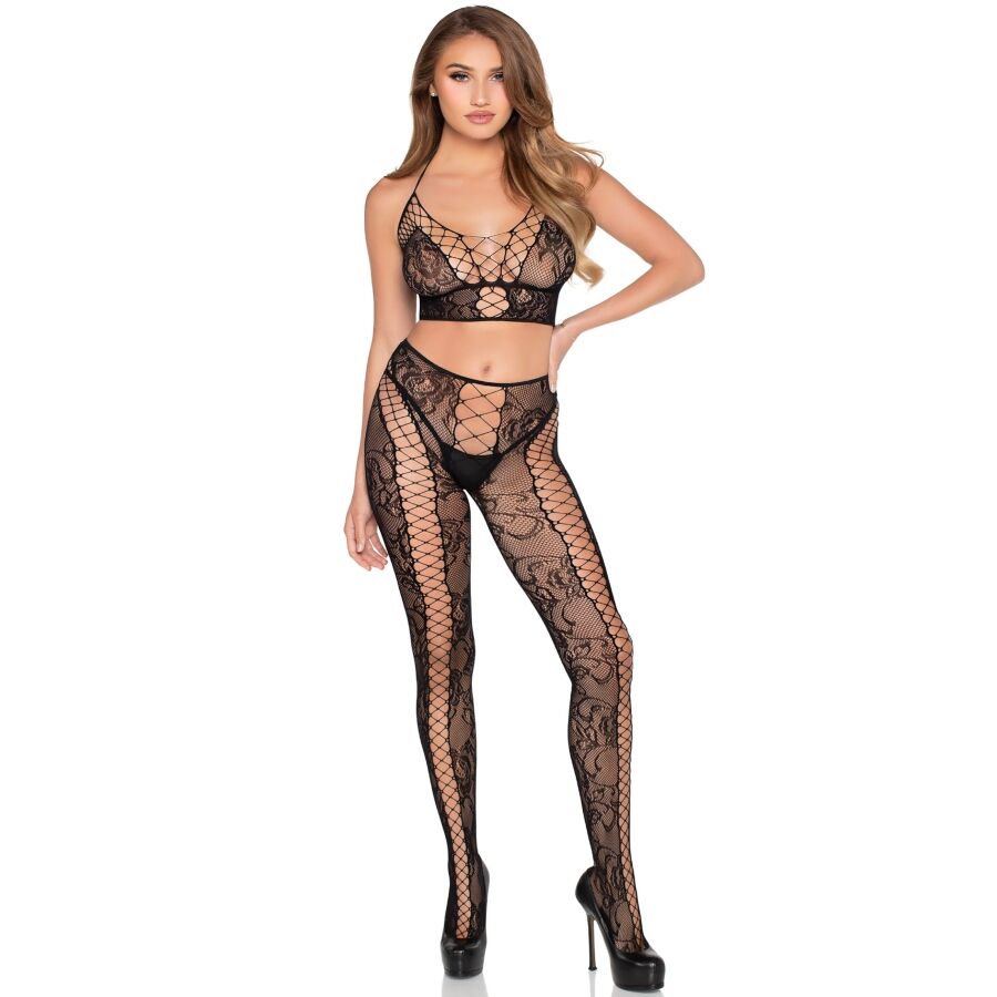 Conjunto Leg Avenue 89368 negro de crop top de malla y encaje con medias a juego.