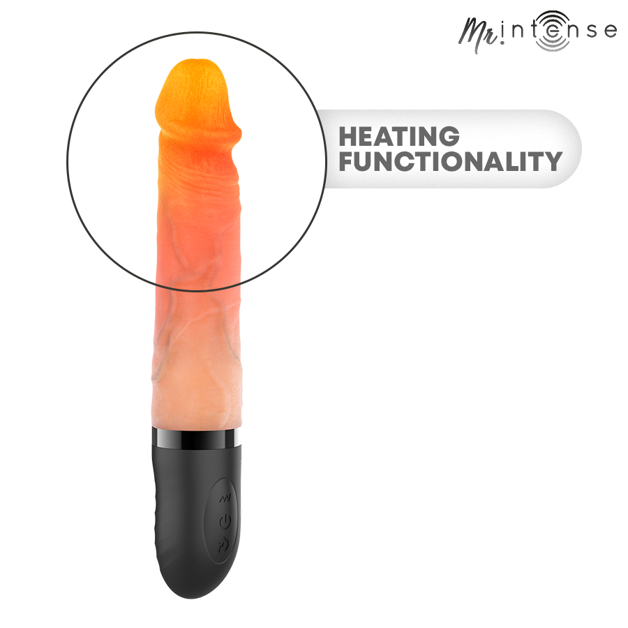 Detalle del vibrador realista MR. INTENSE Jean con base negra y efecto calor.
