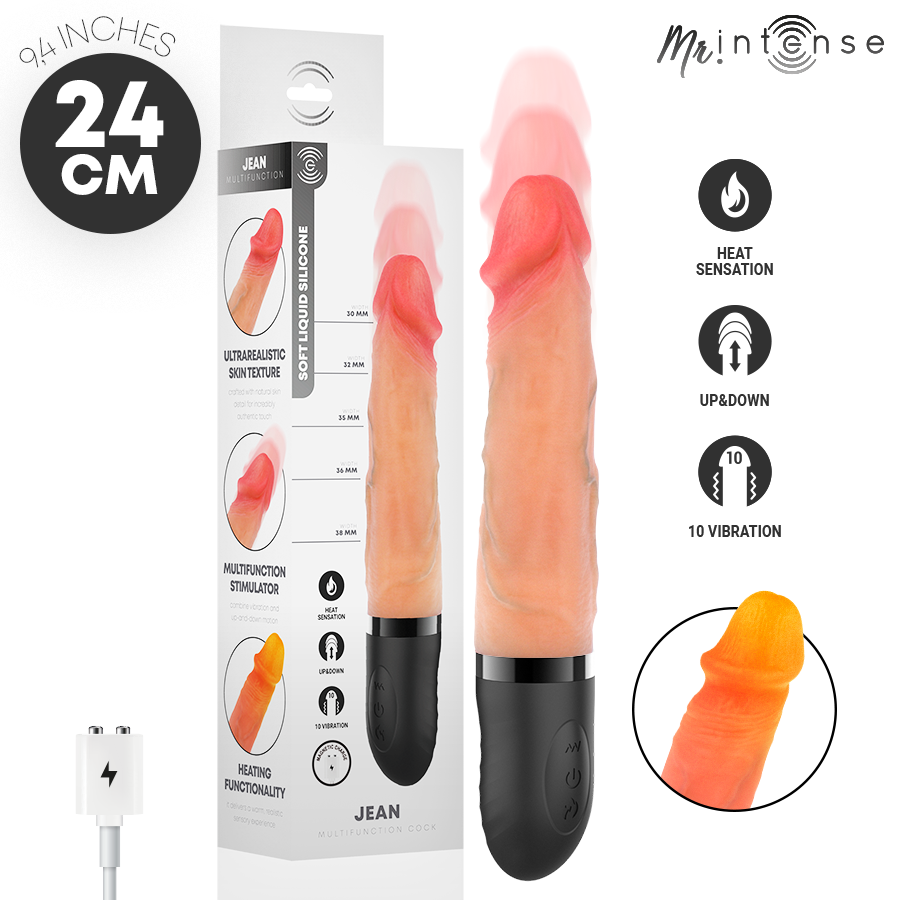 MR. INTENSE Jean en color naranja y negro con caja del producto y cable USB.