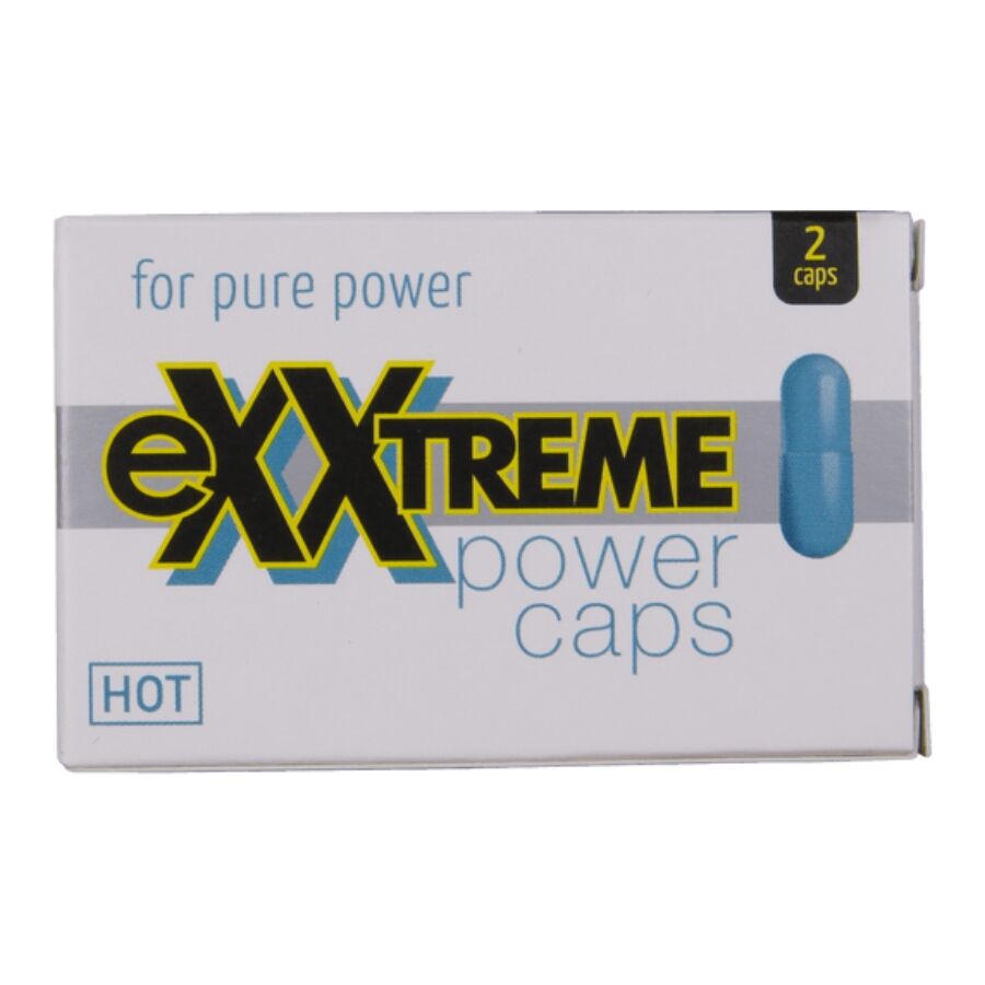 Caja del producto HOT eXXTREME power caps, vista frontal con una cápsula azul ilustrada.