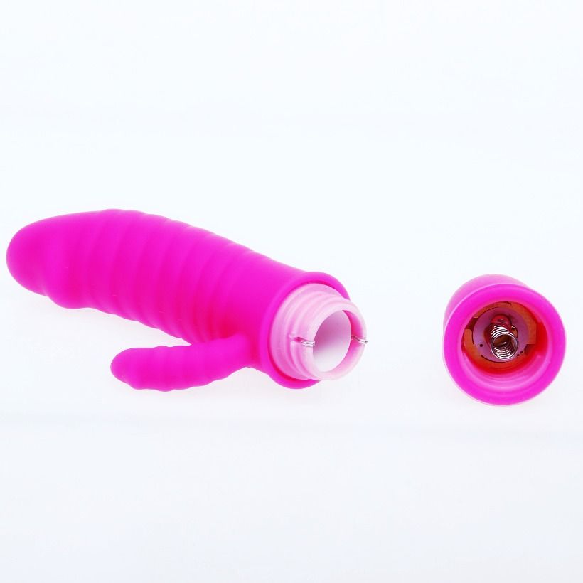 Detalle del mini vibrador Pretty Love Flirtation Arnd en lila, con el extremo abierto y la tapa aparte.