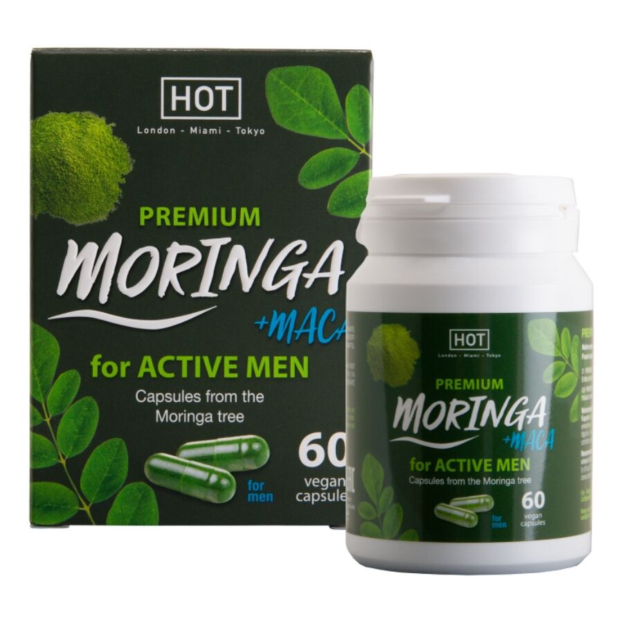 HOT Moringa Men en caja y bote, con diseño verde y negro y 60 cápsulas.