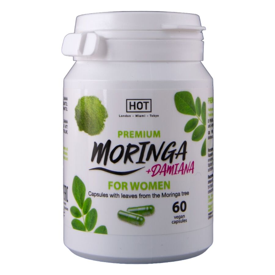 HOT Moringa Women en bote blanco, vista frontal con etiqueta verde y 60 cápsulas.