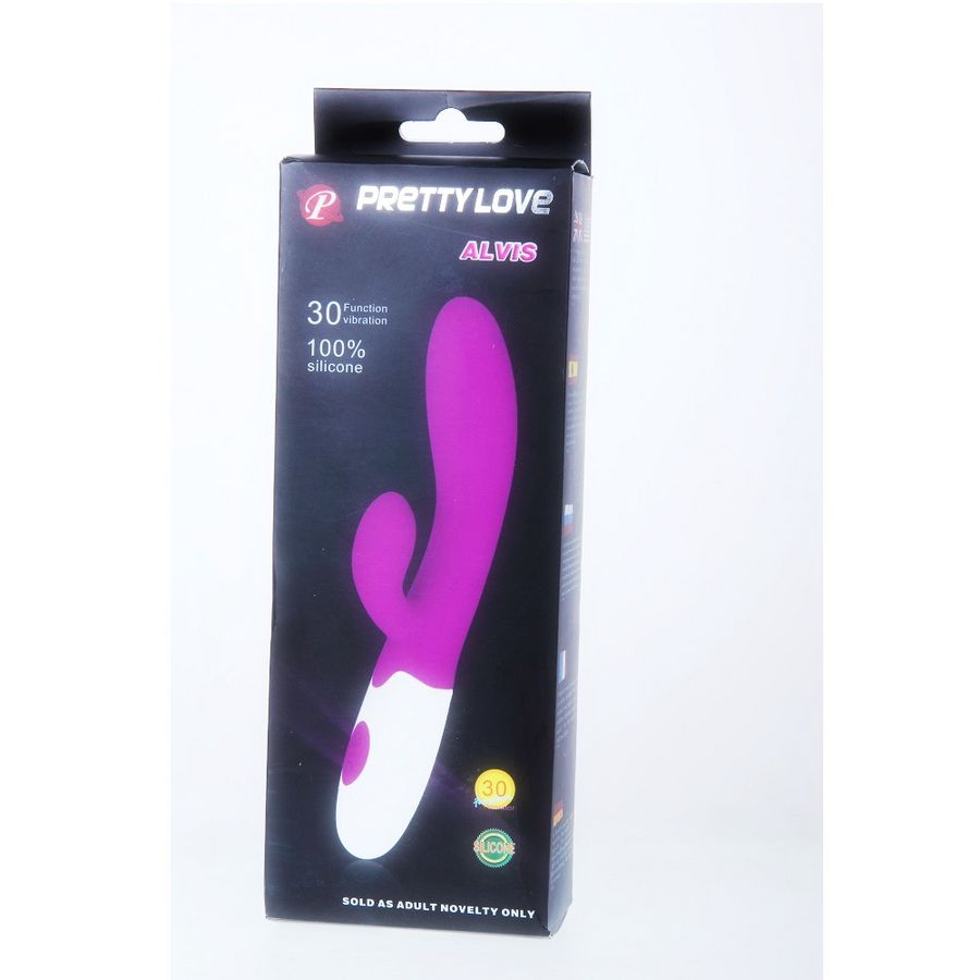 Caja del producto PRETTY LOVE ALVIS en negro con ilustración rosa y blanca del vibrador.