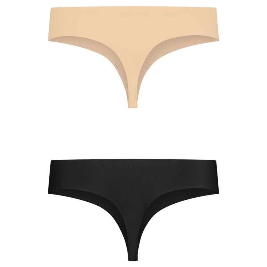 Pack de 2 tangas invisibles BYE-BRA en beige y negro, vista frontal.