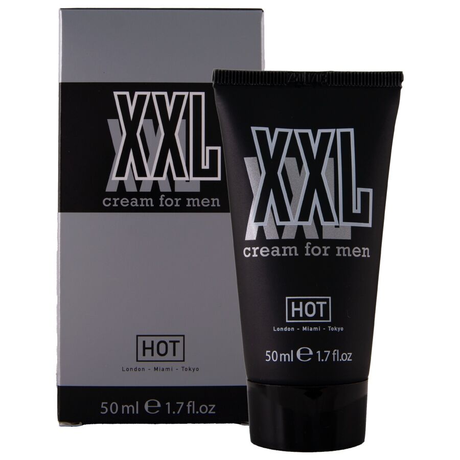 HOT XXL Crema para hombres en tubo negro con caja del producto.
