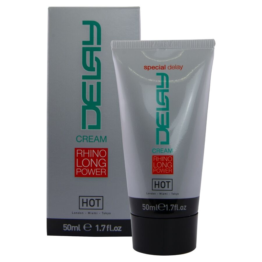 Crema retardante HOT de 50 ml con tubo y caja del producto