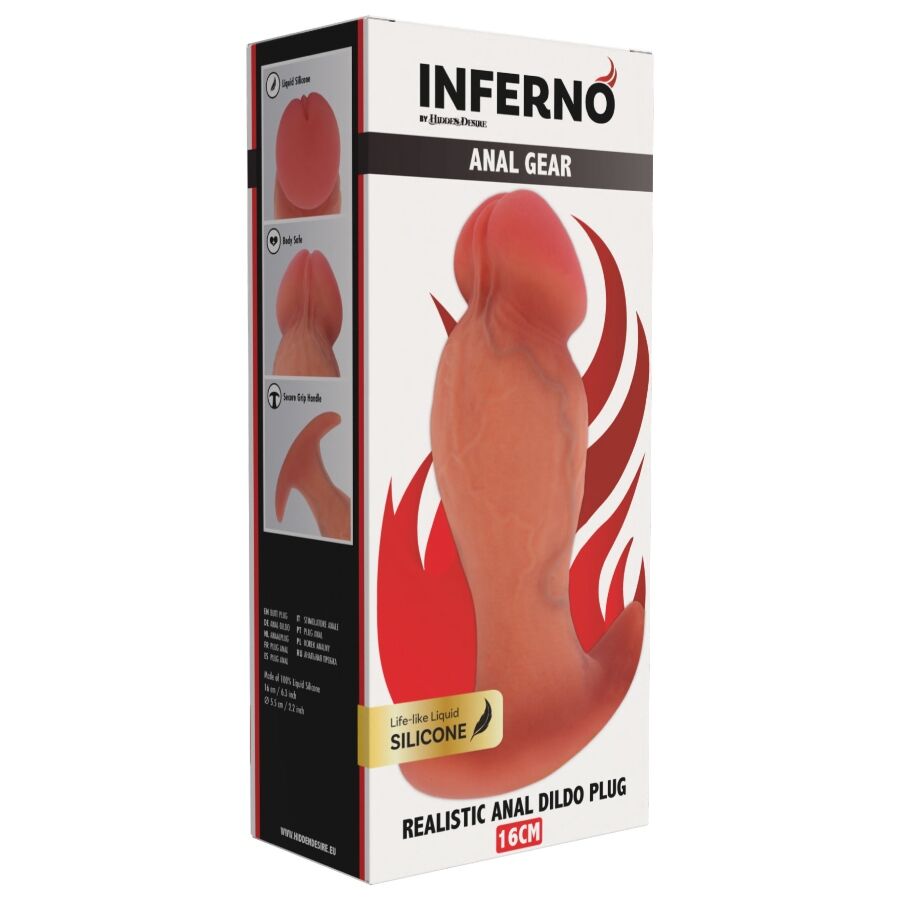 Caja del producto Hidden Desire Inferno con tapón anal realista de 16 cm