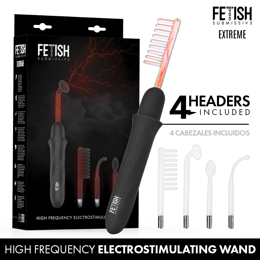 Varita de electroestimulación FETISH SUBMISSIVE EXTREME en negro con 4 cabezales incluidos.