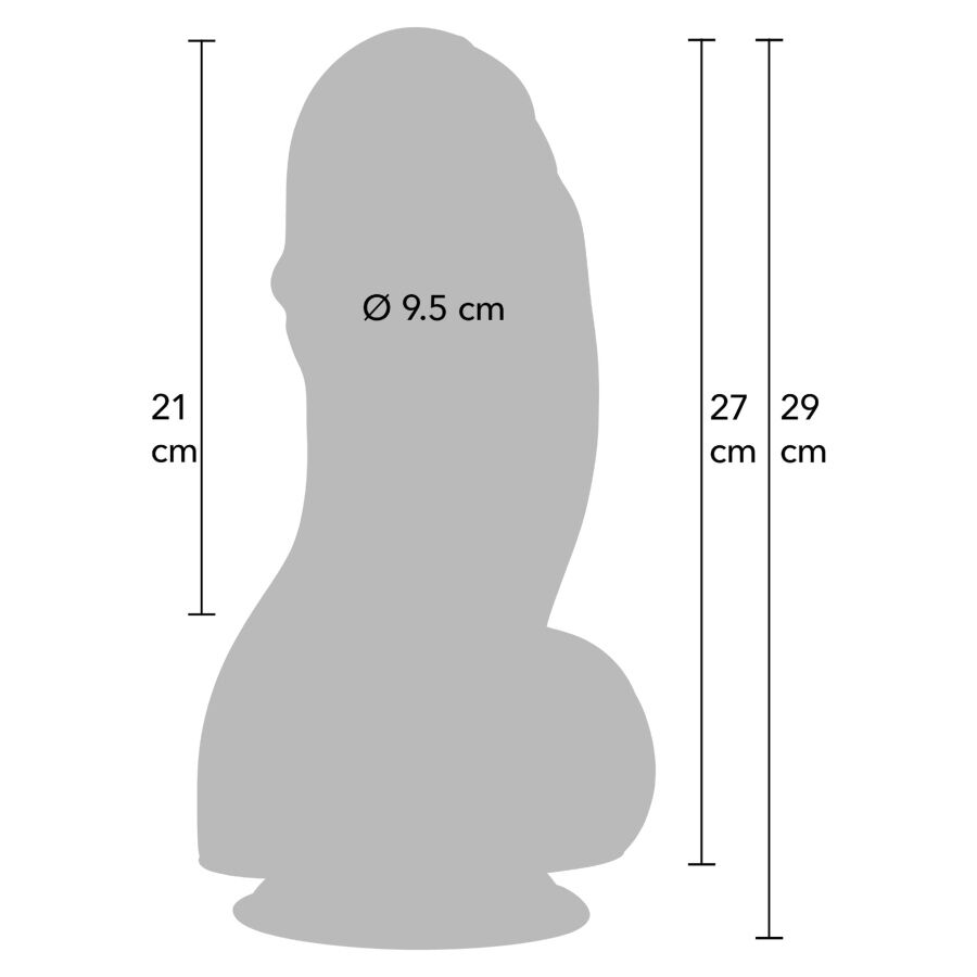 Guía de medidas del dildo HIDDEN DESIRE Inferno Fat Boys, con silueta gris y longitudes de 21, 27 y 29 cm.