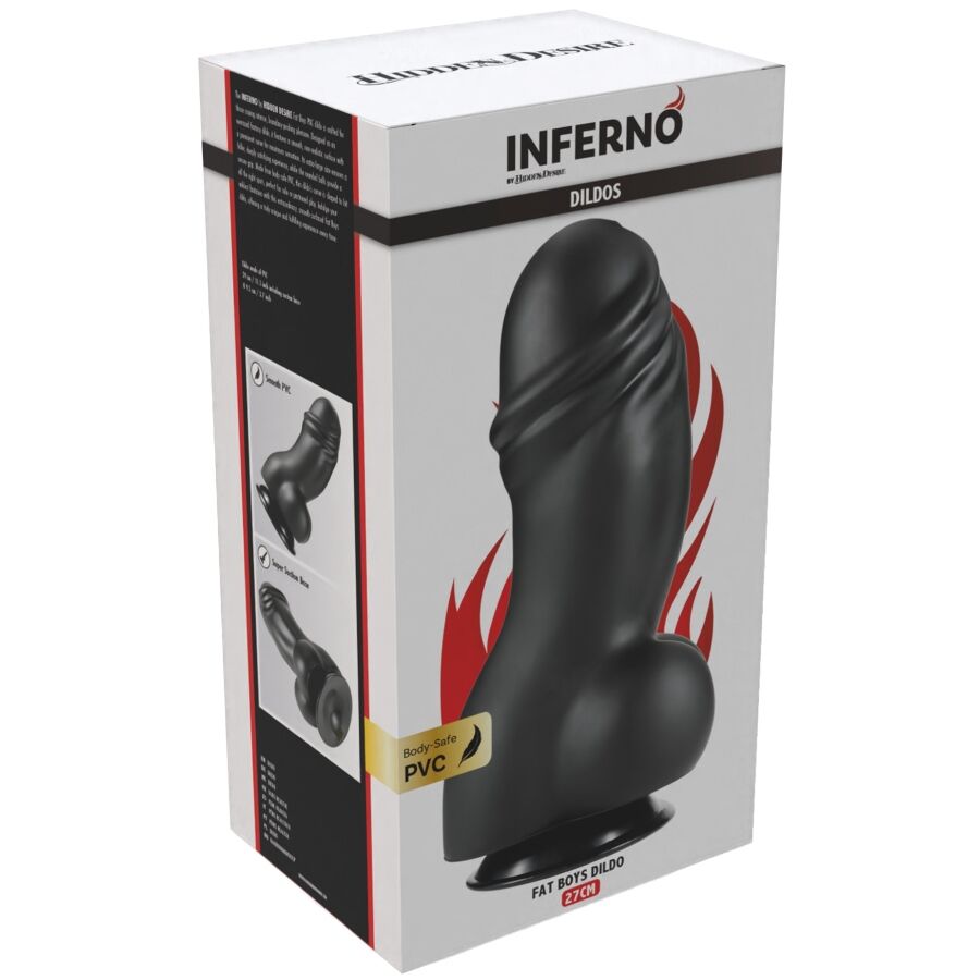 Caja del producto HIDDEN DESIRE Inferno con dildo negro y llamas rojas.