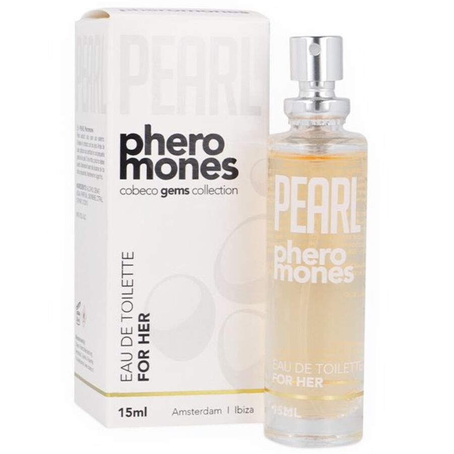 Cobeco Pearl Pheromones Eau de Toilette for Her con frasco y caja blancos de 15 ml.