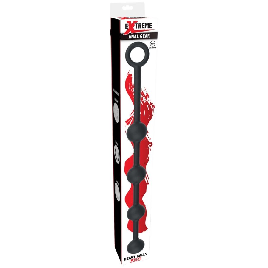 Caja del producto Hidden Desire Extreme con bolas anales negras ilustradas y detalles rojos.