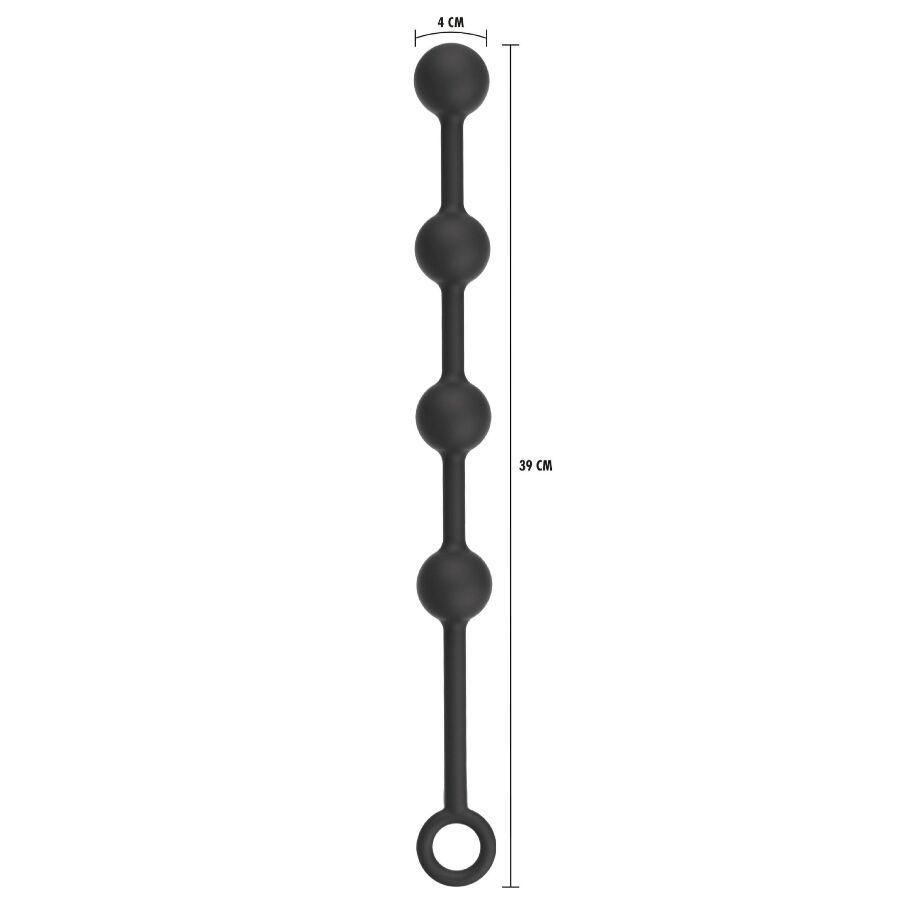 Guía de tallas de Hidden Desire Extreme con bolas anales negras y medidas de 39 cm y 4 cm.