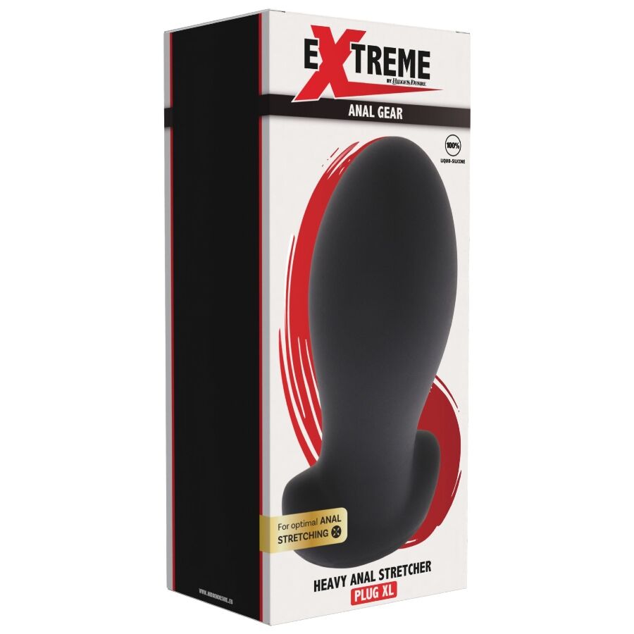 Caja del producto Hidden Desire Extreme Heavy Anal Stretcher Plug XL en blanco, negro y rojo.