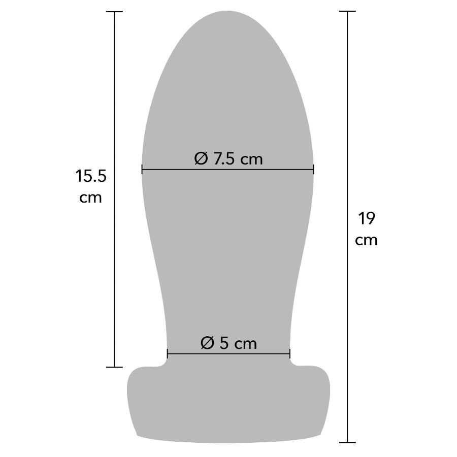 Guia de tallas del plug anal Hidden Desire con medidas de 19 cm, 15,5 cm, 7,5 cm y 5 cm.