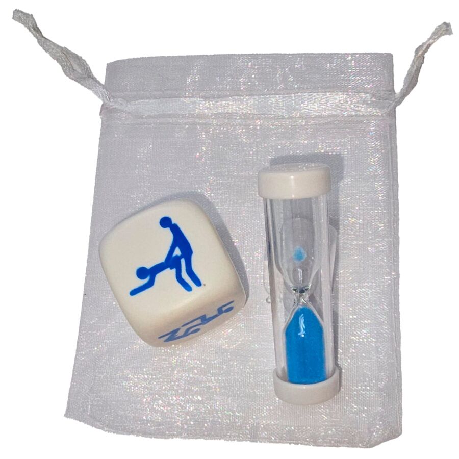 DIABLO PICANTE dado de posturas con reloj de arena en una bolsa blanca.